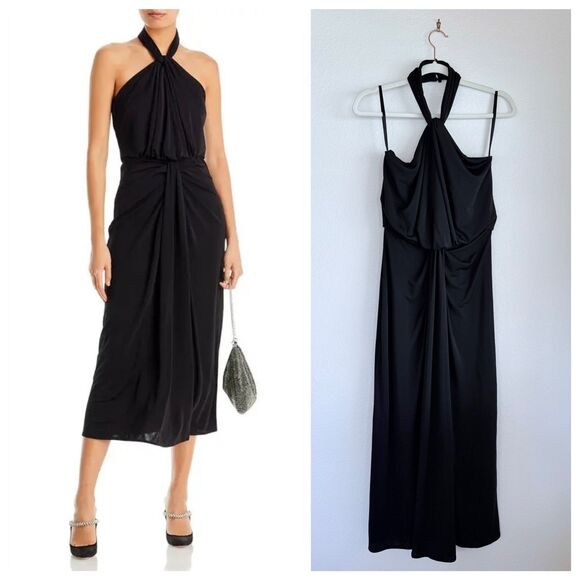 NWT Cinq a Sept Kaily Twist Halter Jersey Midi Dress in Black Size 6 - Picture 1 of 16